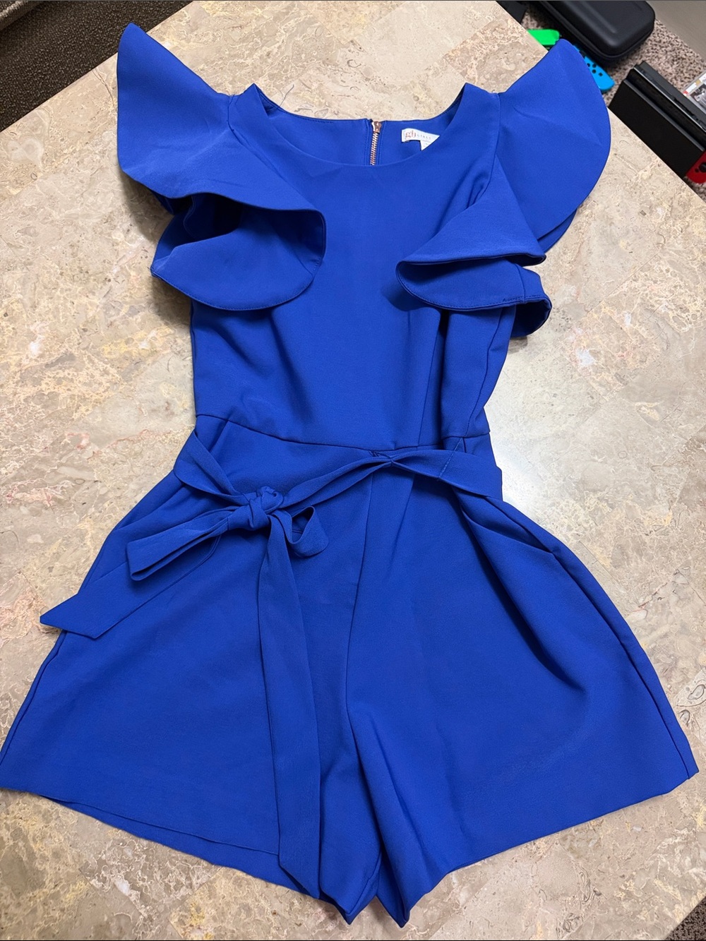 GB girls Royal Blue Ruffle Sleeve Tie-Waist Romper